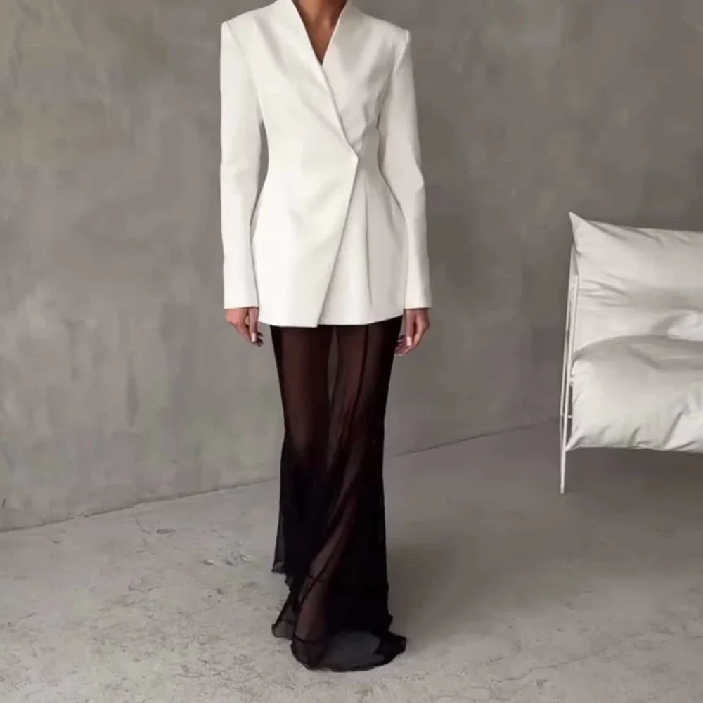 White Blazer with Black Sheer Skirt